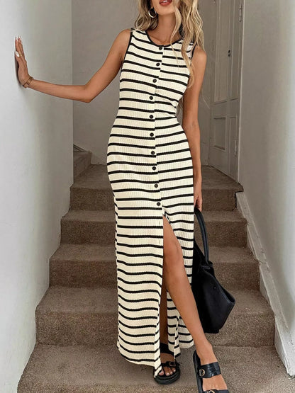 Hazel Blues® |  Striped Button-Front Sleeveless Slit Maxi Dress