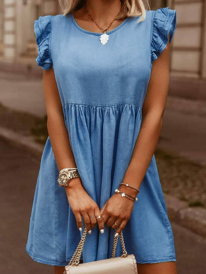 Hazel Blues® |  Ruffled Round Neck Cap Sleeve Denim Dress