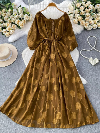 Hazel Blues® |  Button Front Puff Sleeve Chiffon Dress