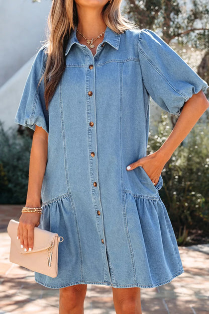 Hazel Blues® |  Button Down Short Puff Sleeve Ruffle Hem Denim Dress