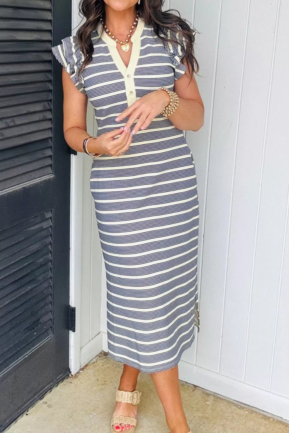 Hazel Blues® |  Stripe Ruffled Short Sleeve Contrast Trim Button Notched Neck Midi Dress