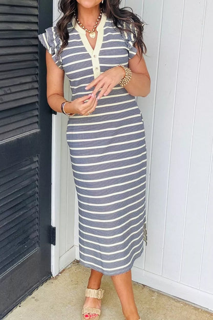Hazel Blues® |  Stripe Ruffled Short Sleeve Contrast Trim Button Notched Neck Midi Dress