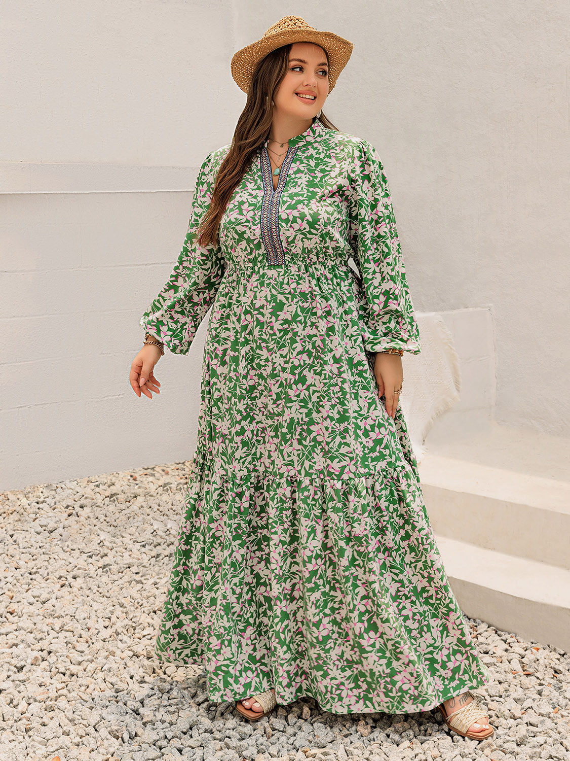 Hazel Blues® |  Printed Notched Long Sleeve Maxi Dress