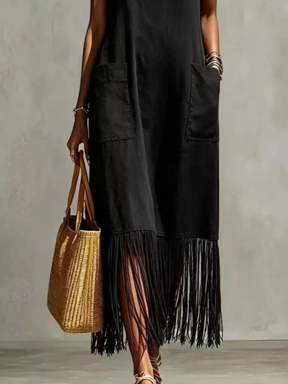 Hazel Blues® | Fringe V-Neck Spaghetti Strap Dress