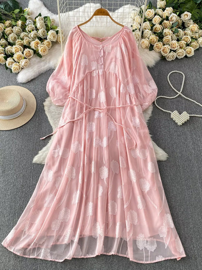 Hazel Blues® |  Button Front Puff Sleeve Chiffon Dress