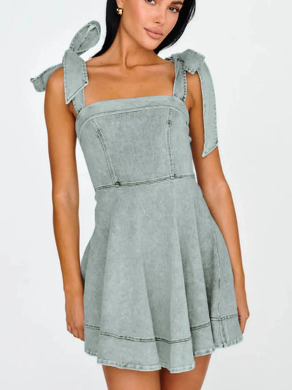 Hazel Blues® |  Bow-Shoulder Square Neck Denim Mini Dress