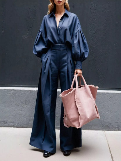Hazel Blues® |  Lantern Sleeve Shirt and Wide Leg Pants Set