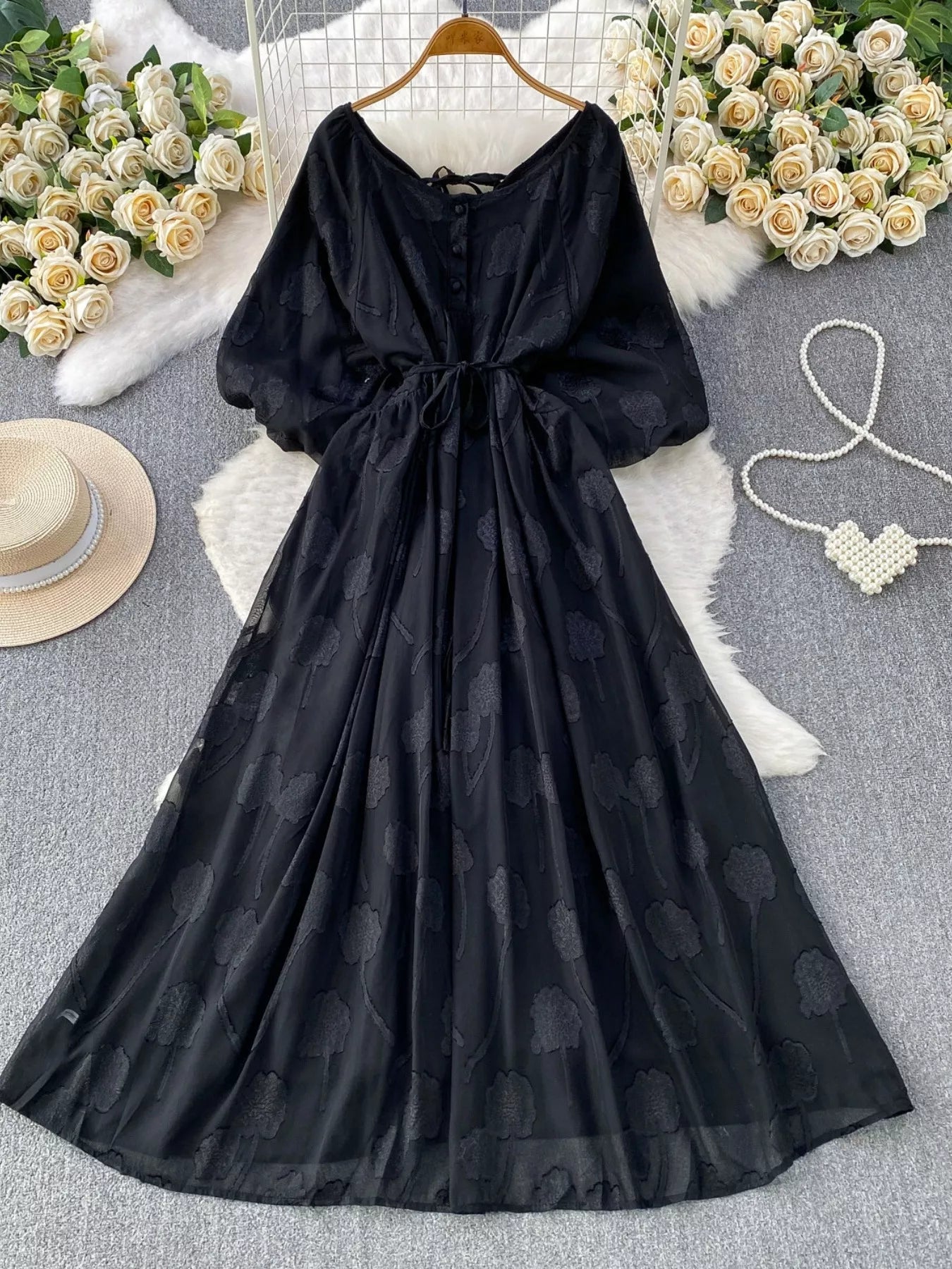 Hazel Blues® |  Button Front Puff Sleeve Chiffon Dress