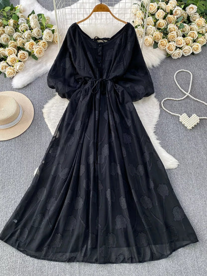 Hazel Blues® |  Button Front Puff Sleeve Chiffon Dress