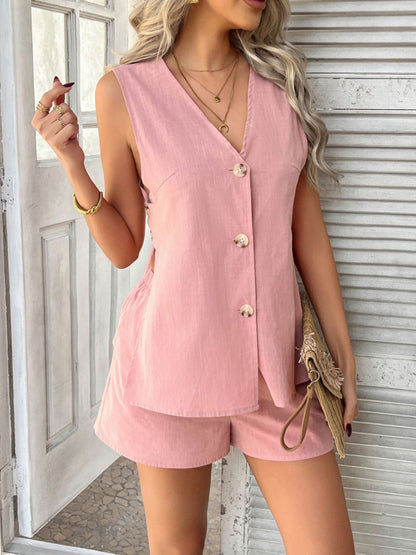 Hazel Blues® |  Devine Button Down V-Neck Tank and Shorts Set