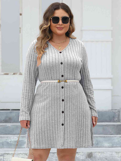 Hazel Blues® | Ribbed Buttoned V-Neck Long Sleeve Dress