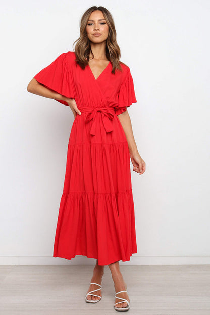 Hazel Blues® |  Front Tie Short Sleeve Tiered Midi Dress