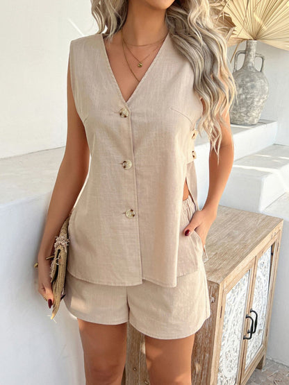 Hazel Blues® |  Devine Button Down V-Neck Tank and Shorts Set