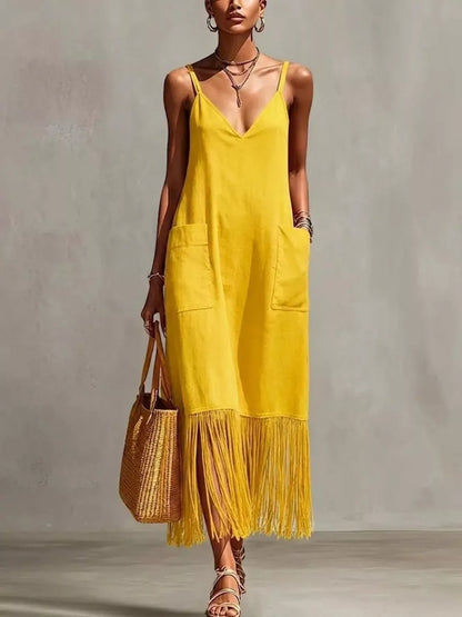 Hazel Blues® | Fringe V-Neck Spaghetti Strap Dress