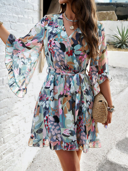 Hazel Blues® |  Ruffled Printed Surplice Half Sleeve Mini Dress