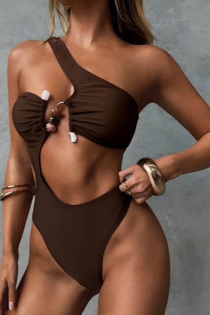 One Shoulder Cutout One Piece Bikini Set