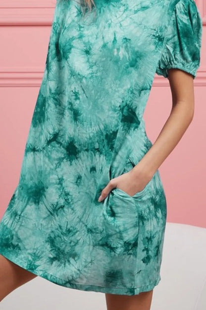 Hazel Blues® |  BiBi Puff Sleeve With Side Pockets Tie Dye Dress