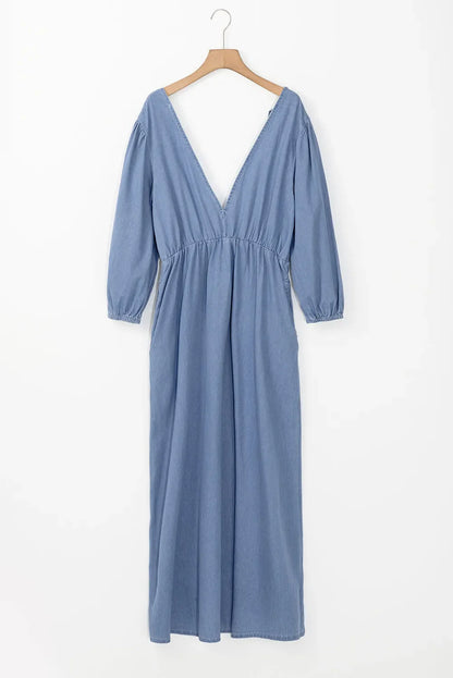 Hazel Blues® |  Tied Plunge Three-Quarter Sleeve Denim Dress