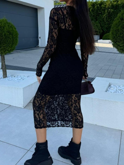 Hazel Blues® |  Lace Round Neck Long Sleeve Midi Dress
