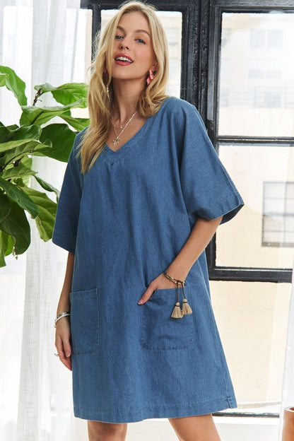 Hazel Blues® |  ADORA V-Neck Half Sleeve Mini Denim Dress