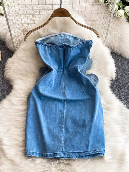 Hazel Blues® |  Floral Applique Strapless Denim Dress