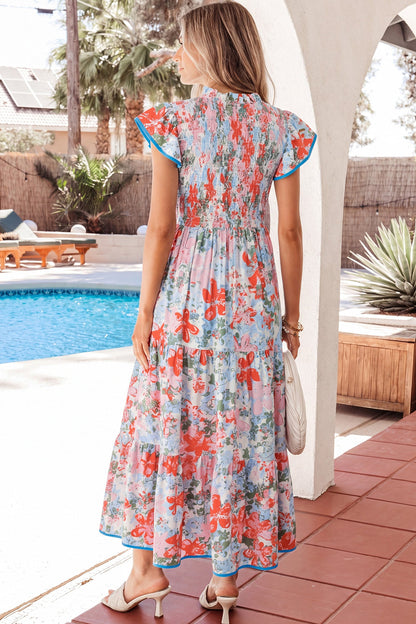 Hazel Blues® |  Apricot Floral Print V Neck Contrast Trim Flutter Sleeve Long Dress