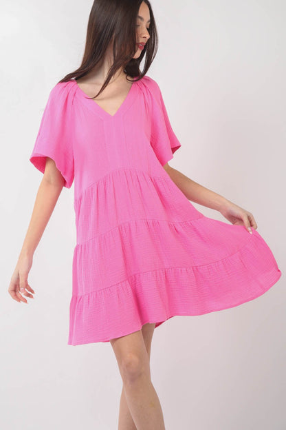 Hazel Blues® |  VERY J Texture V-Neck Ruffled Tiered Dress
