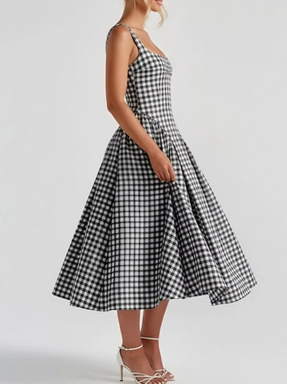Hazel Blues® | Plaid Square Neckline Midi Dress