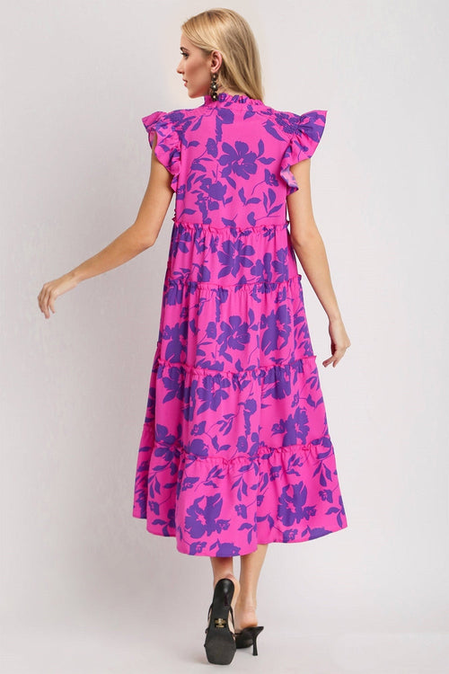 Hazel Blues® |  Oh Ruffled Printed Notched Cap Sleeve Midi Dress
