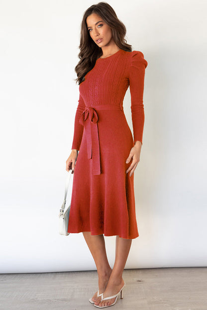 Hazel Blues® |  Round Neck Long Sleeve Tie Waist Sweater Dress