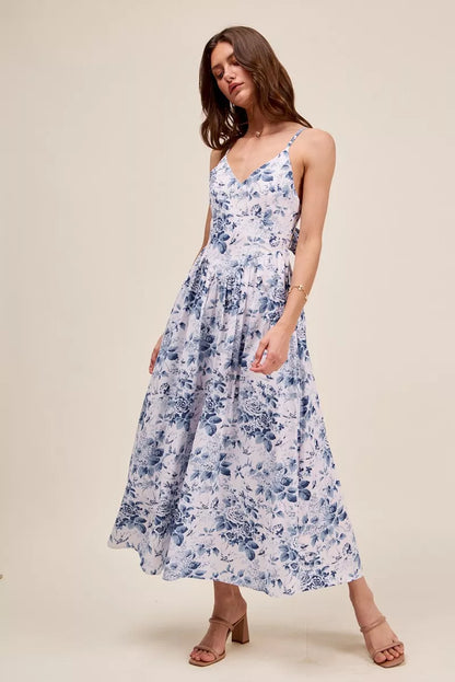 Hazel Blues® |  SO ME Floral Woven V Neck Dress With Back Ribbon Tie
