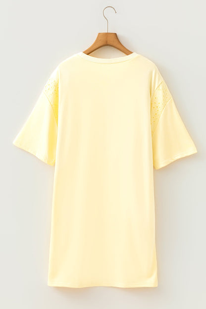 Hazel Blues® |  Yellow Cream Eyelet Embroidered Lace Splicing Sleeve Loose T Shirt Dress
