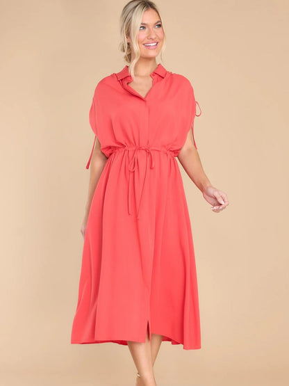 Hazel Blues® |  Drawstring Collared Neck Short Sleeve Midi Dress