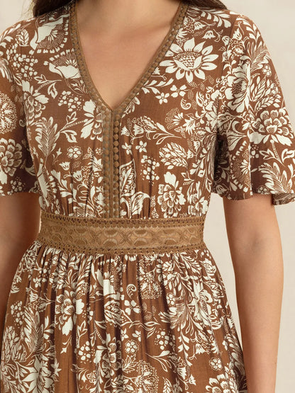 Hazel Blues® |  Lace Detail Printed Short Sleeve Midi Dress