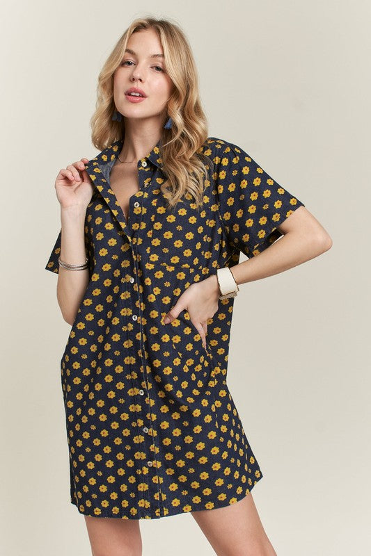Hazel Blues® |  ADORA Floral Button-Up Mini Denim Dress
