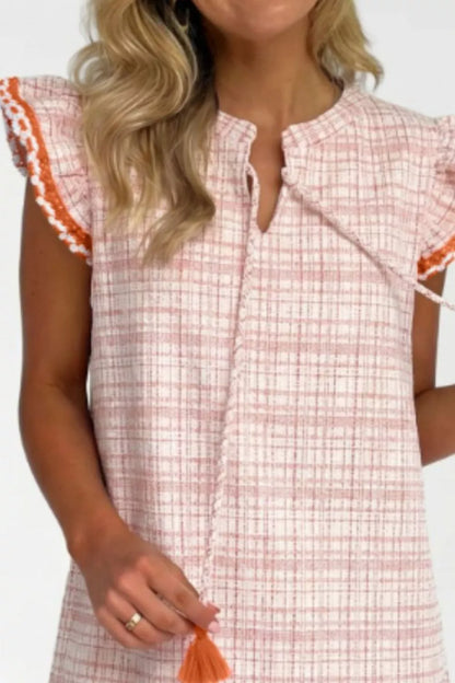 Hazel Blues® |  Jacquard Textured Contrast Trim Short Sleeve Tassel Tie Shift Dress
