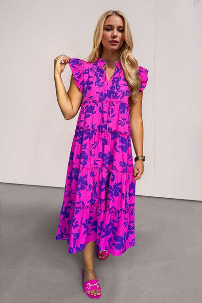 Hazel Blues® |  Oh Ruffled Printed Notched Cap Sleeve Midi Dress