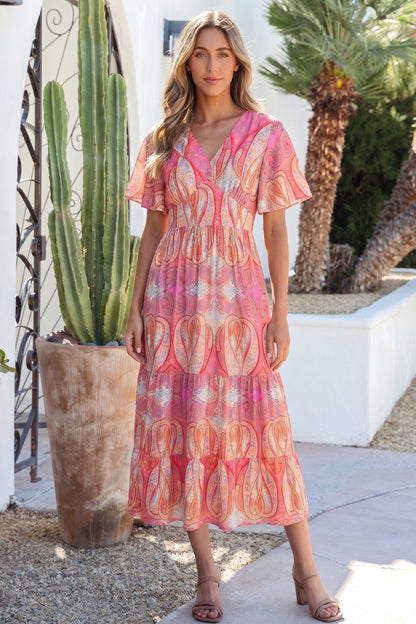 Hazel Blues® |  Multicolour Paisley Print V-Neck Short Sleeve Boho Maxi Dress with Ruffle Details
