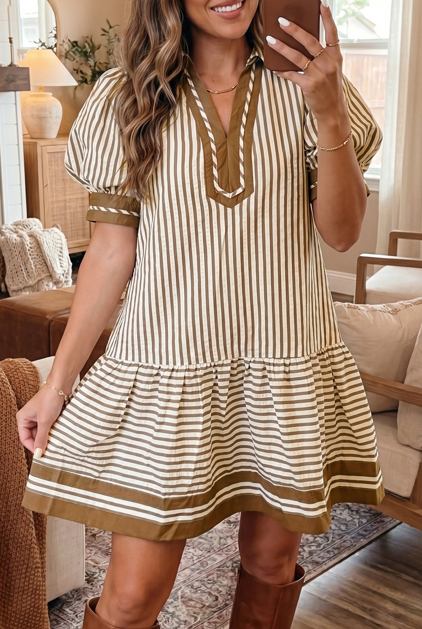 Hazel Blues® |  Brown Stripe Shirt Collar Color Block Patchwork Trim Ruffle Hem Short Dress