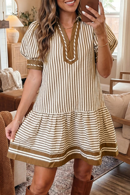 Hazel Blues® |  Brown Stripe Shirt Collar Color Block Patchwork Trim Ruffle Hem Short Dress