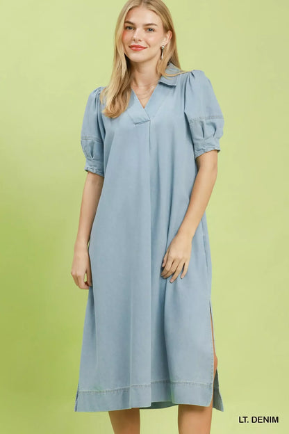 Hazel Blues® |  Umgee Chambray Collared Puff Sleeve Dress