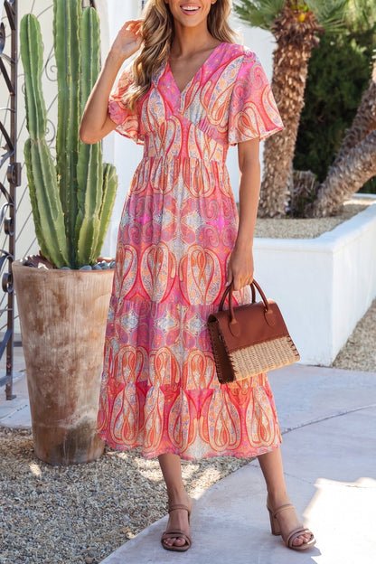 Hazel Blues® |  Multicolour Paisley Print V-Neck Short Sleeve Boho Maxi Dress with Ruffle Details
