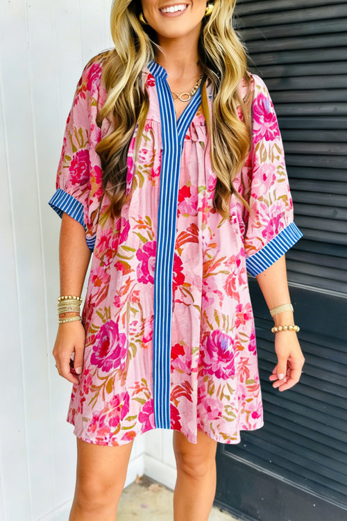Hazel Blues® |  Multicolour Floral Striped Patchwork Trim Half Sleeve Mini Dress