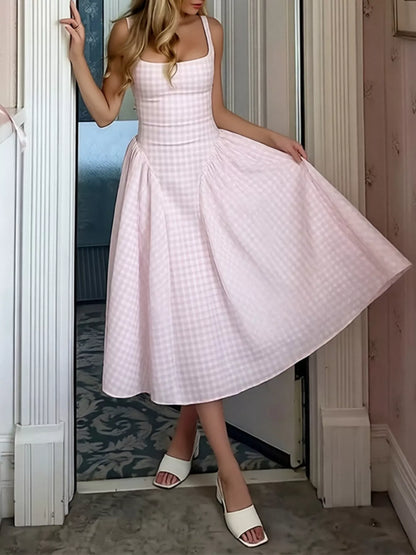 Hazel Blues® | Plaid Square Neckline Midi Dress