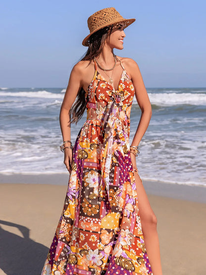 Hazel Blues® |  Slit Printed Halter Neck Cami Dress