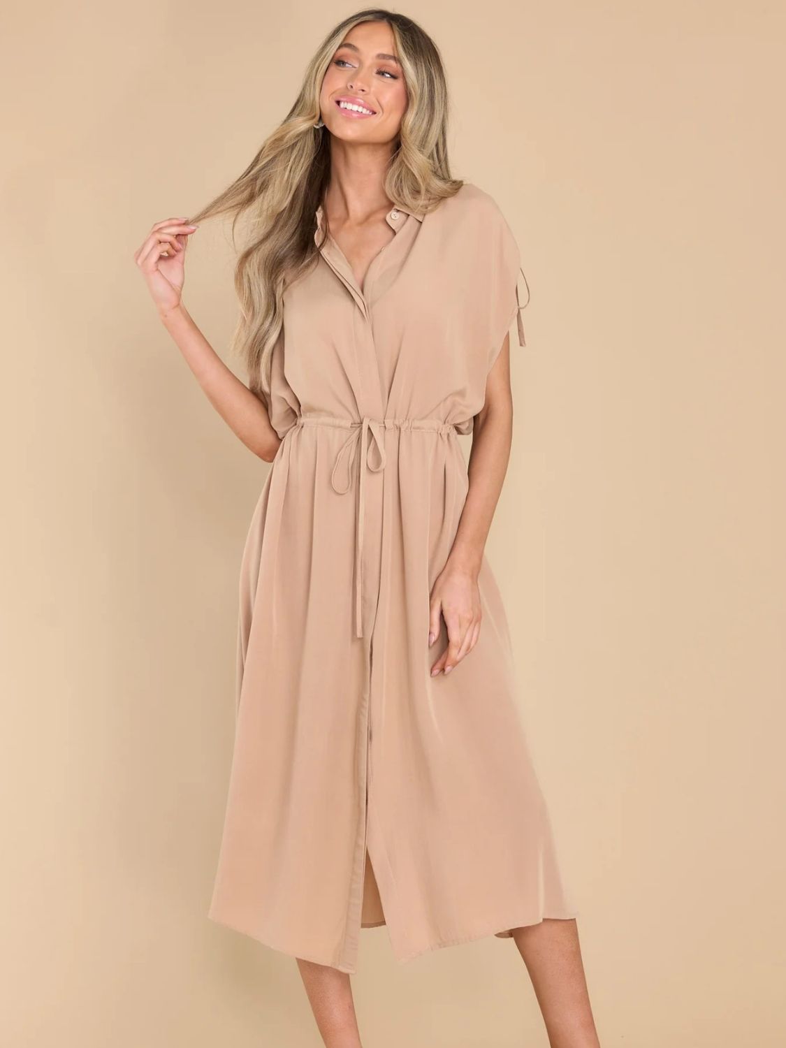 Hazel Blues® |  Drawstring Collared Neck Short Sleeve Midi Dress
