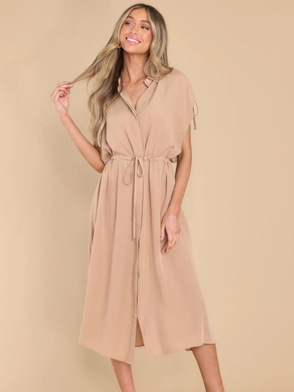 Hazel Blues® |  Drawstring Collared Neck Short Sleeve Midi Dress