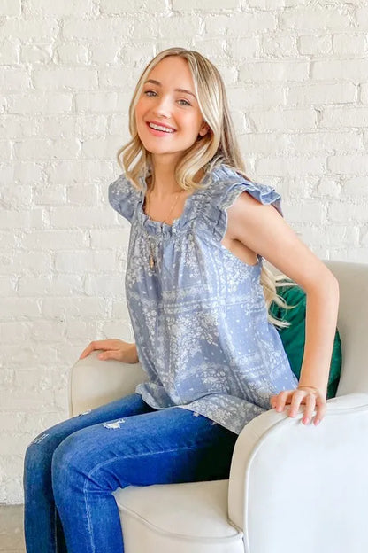 Hazel Blues® |  And The Why Boho Print Rayon Linen Ruffle Baby Doll Tank Top