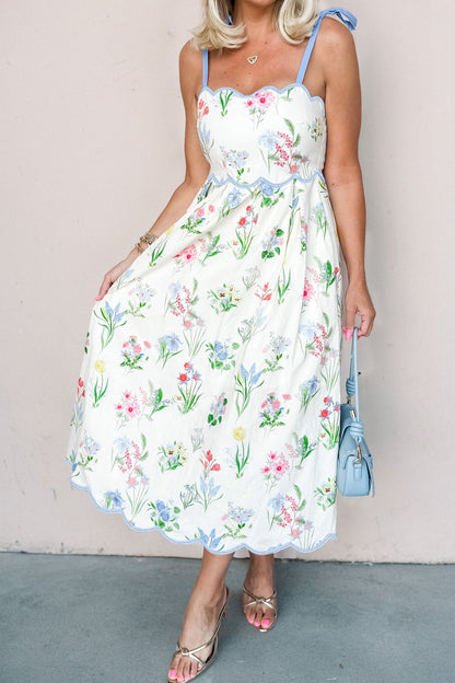 Hazel Blues® |  Yellow Floral Print Contrast Trim Self-tie Straps High Waist Midi Dress