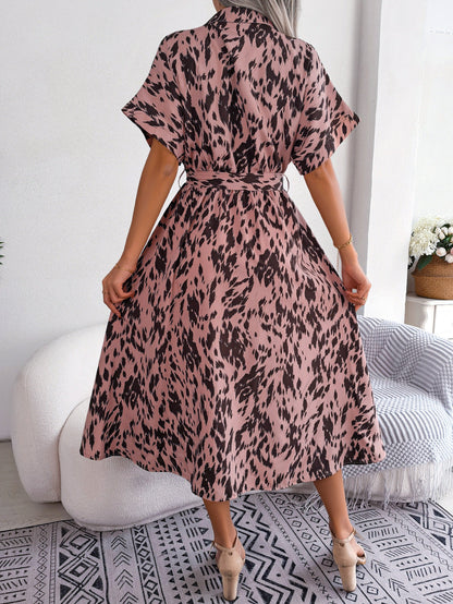 Hazel Blues® |  Printed Collared Neck Short Sleeve Tie Waist Dress